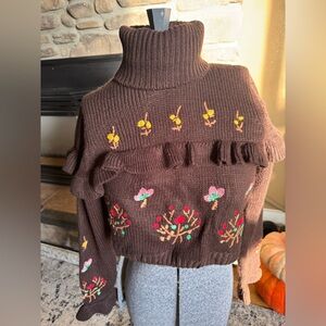 Anthropologie Sunday Up Emroidered Brown Crop Sweater Turtleneck